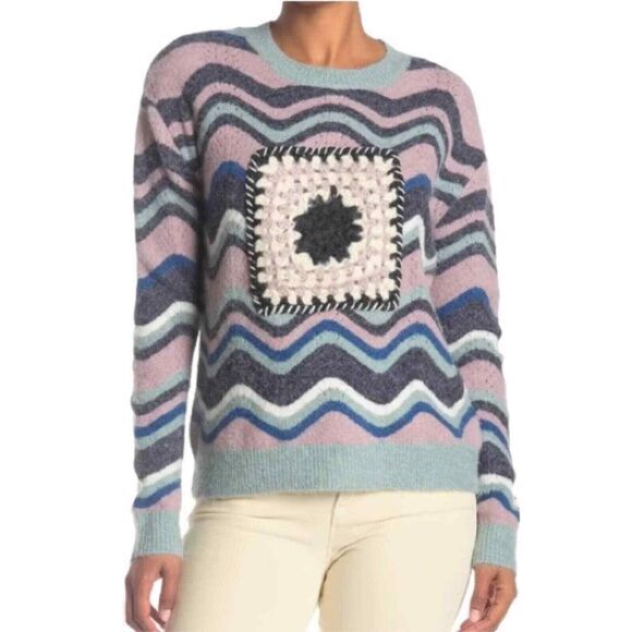 BOUNDLESS NORTH NEW $129 Crochet Patched Zig Zag Sweater Medium - Picture 1 of 2